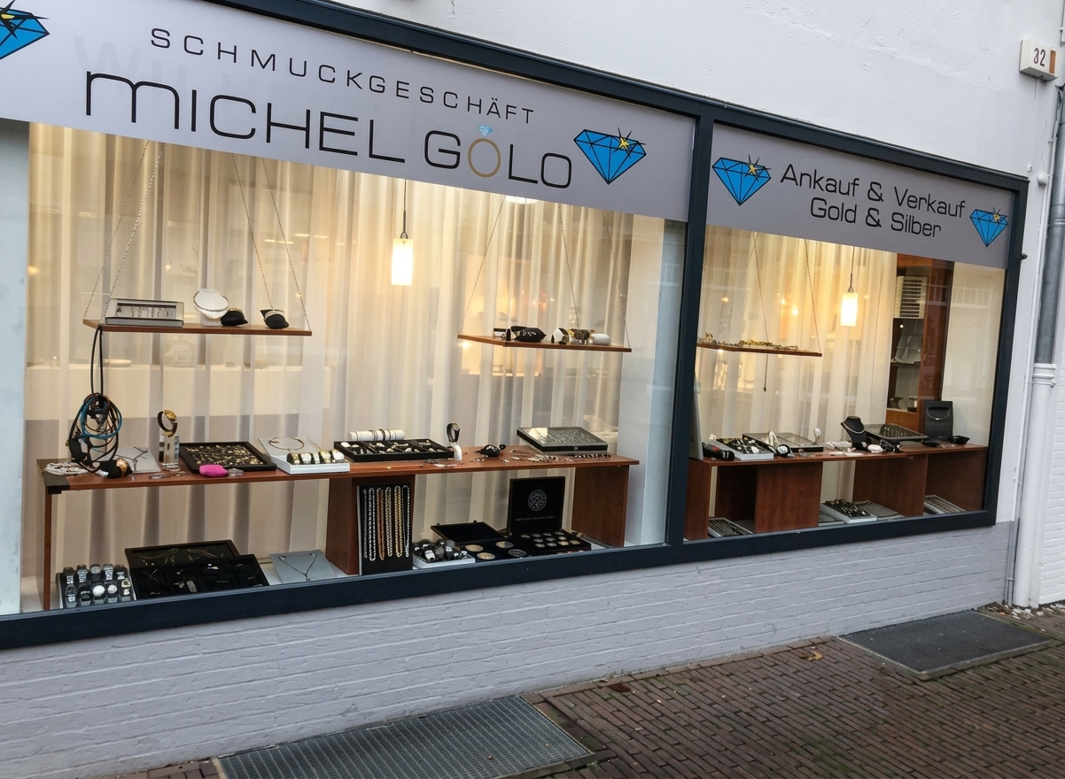 Schmuckgeschäft Michel Golo – Ladenfront mit Schaufenstern in der Hauptstraße 32, Nordhorn