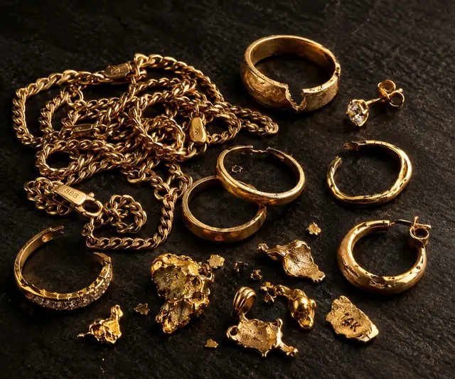 Altgold und Bruchgold: gerissene Ketten, zerbrochene Ringe, einzelne Ohrringe und Goldreste