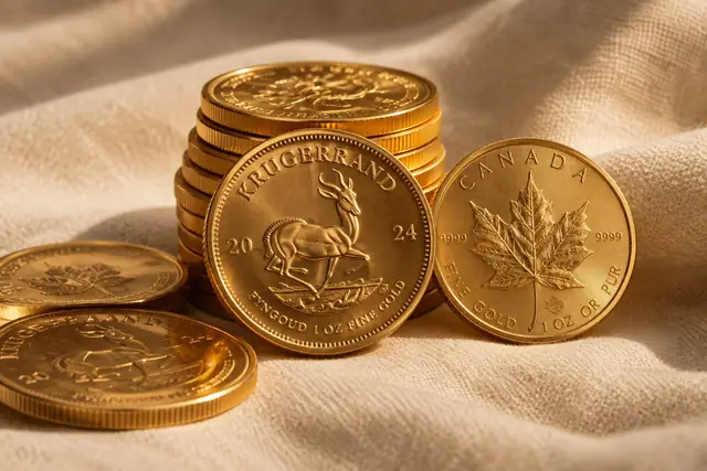 Goldmünzen: Krügerrand und Maple Leaf, gestapelt