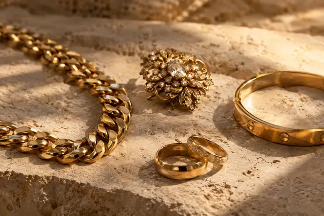 Goldschmuck: Panzerkette, Brosche mit Steinbesatz, Trauringe und Armreif