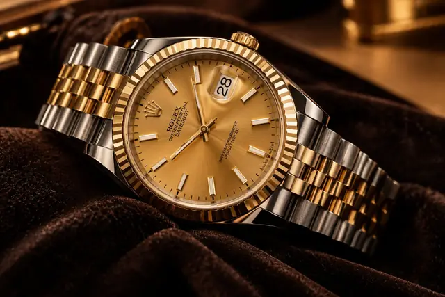 Luxusuhr in Stahl-Gold mit goldenem Zifferblatt und Jubilé-Armband